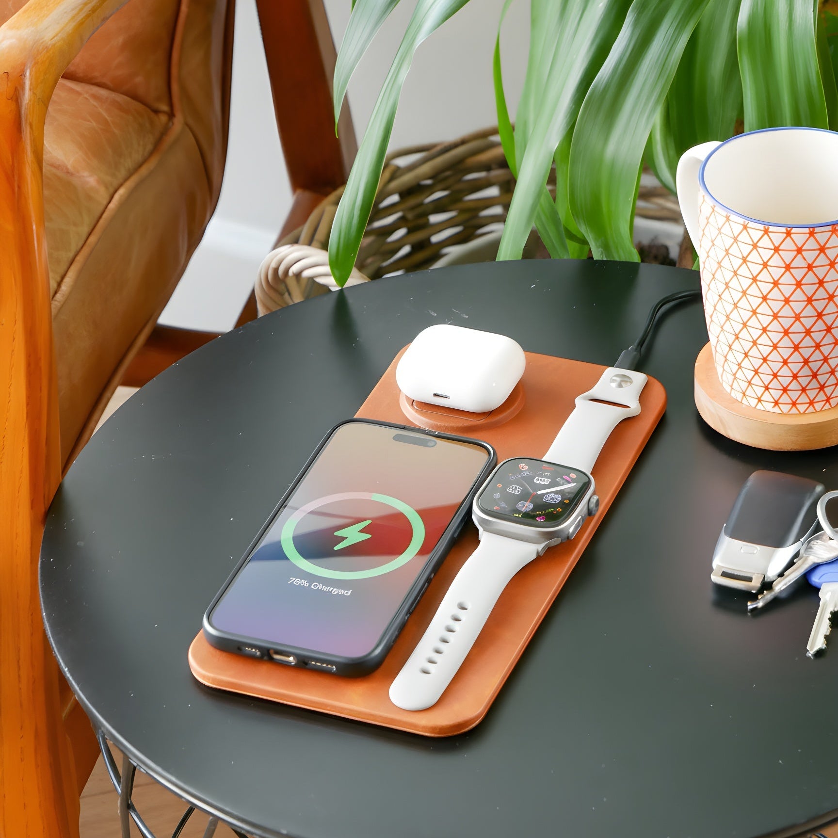 3 in 1 Wireless Charging Pad PU Leather Brown