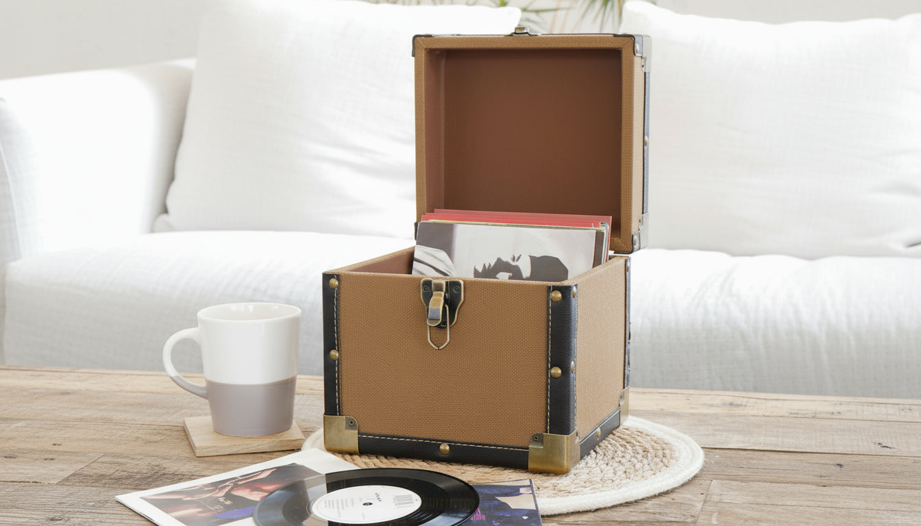 12 Inch Vinyl Record Storage Box Tan Fabric & Black Faux Leather Trim