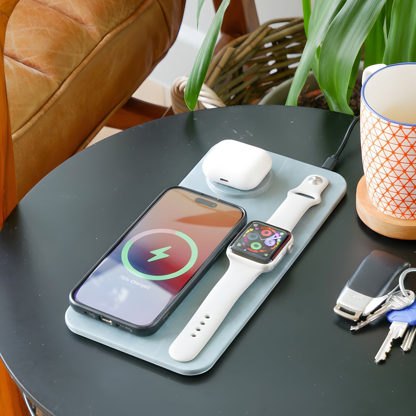 3 in 1 Wireless Charging Pad PU Leather Blue