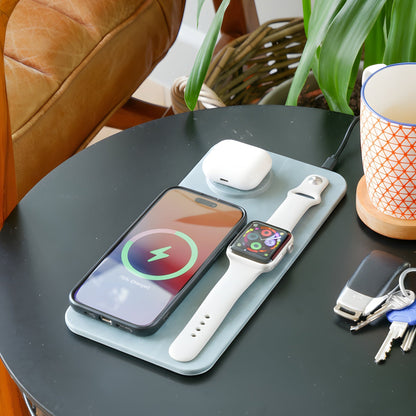 3 in 1 Wireless Charging Pad PU Leather Blue