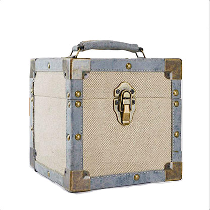12 Inch Vinyl Record Storage Box Cream Fabric & Grey Faux Leather Trim