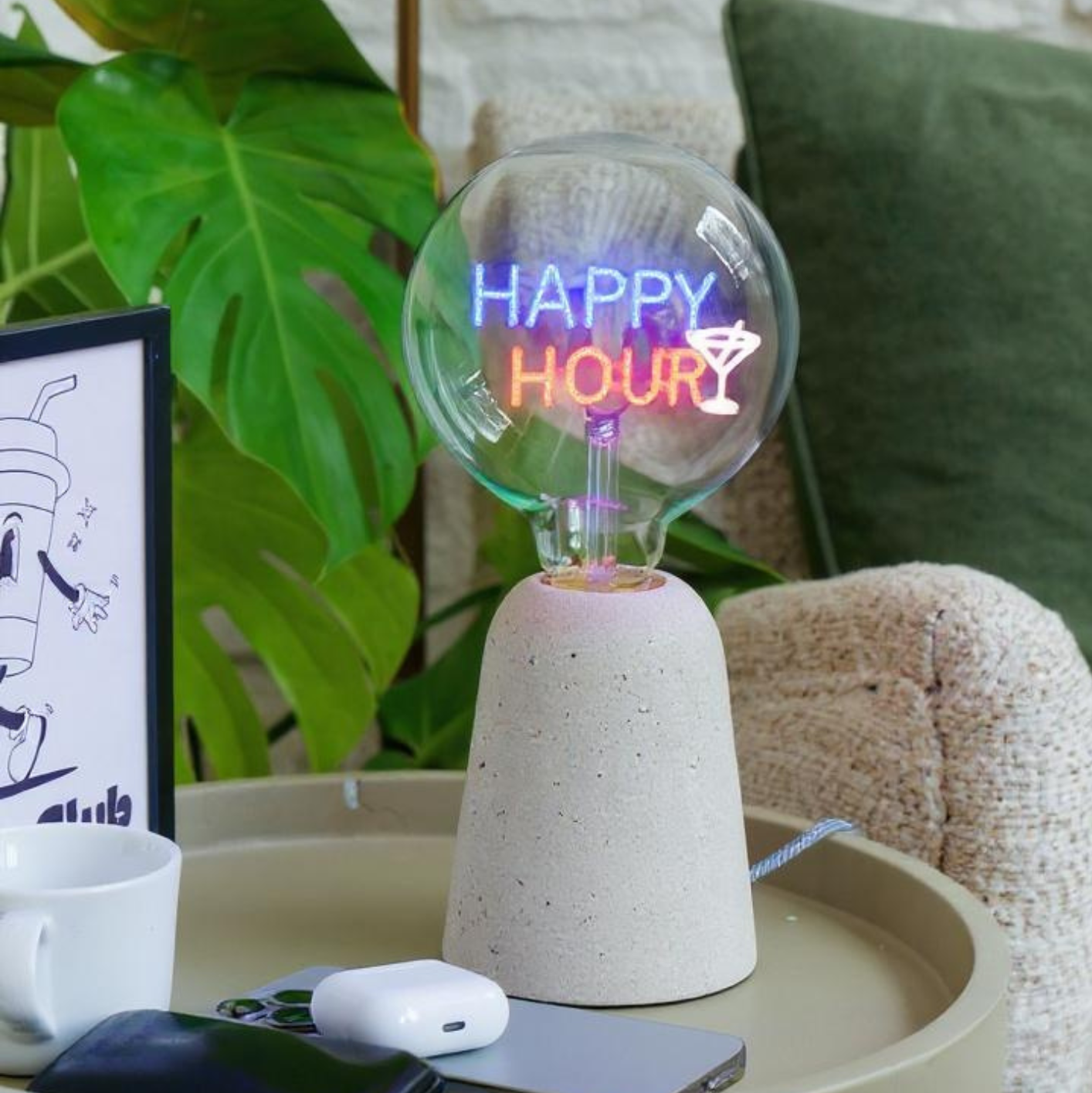 Happy Hour Text Bulb & Table Lamp - Screw Down