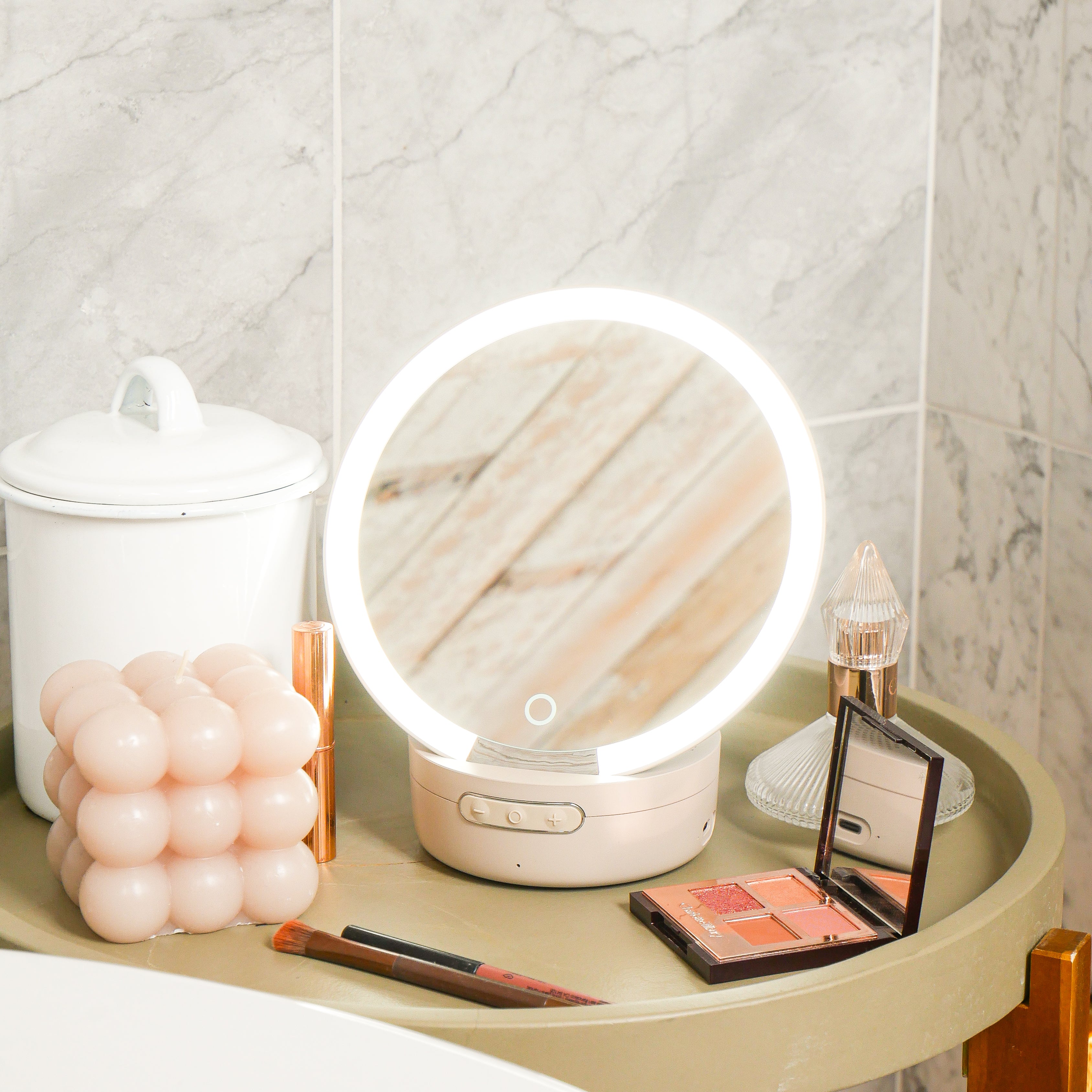 Glow Mini Portable Travel Size Ring Light Mirror & Bluetooth Speaker