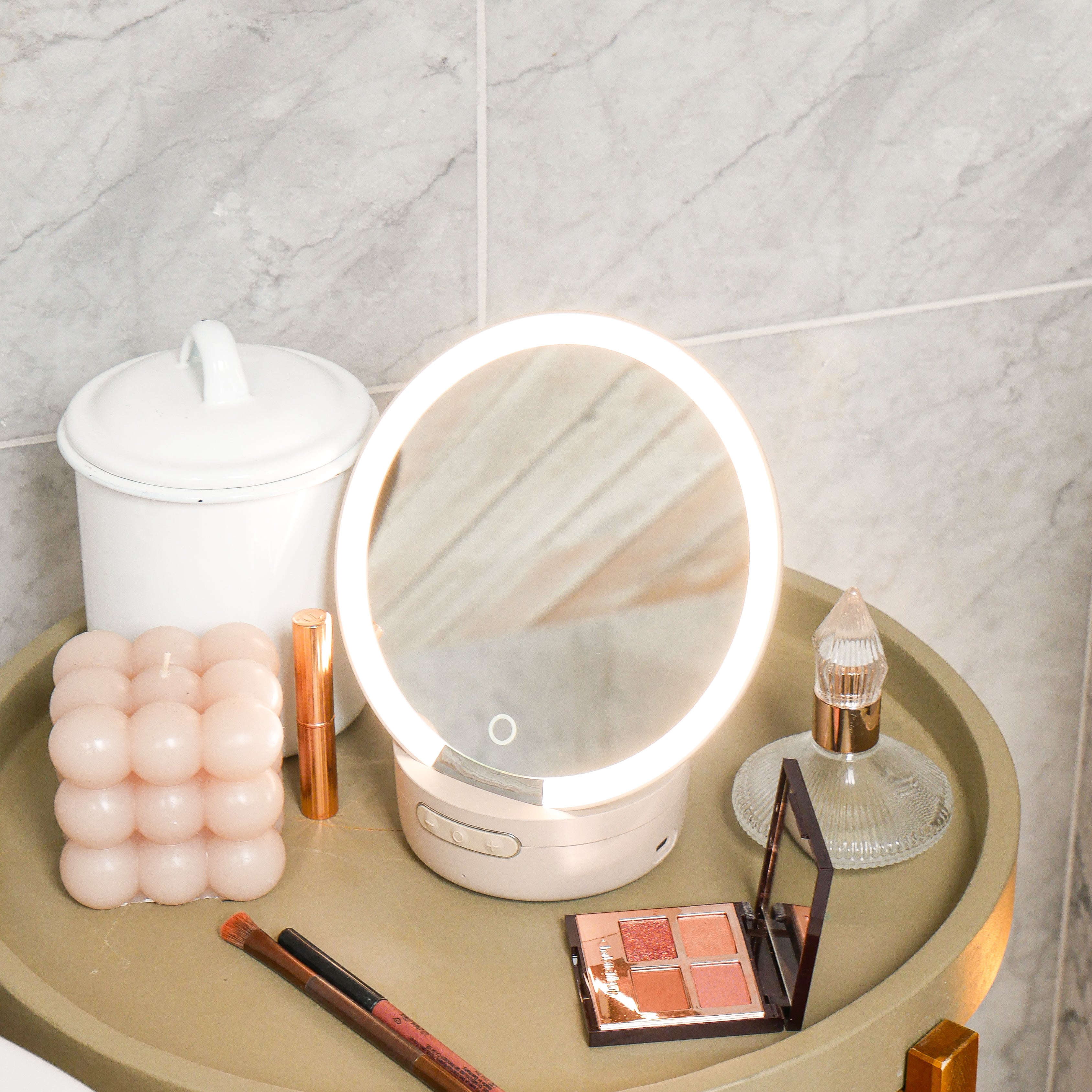 Glow Mini Portable Travel Size Ring Light Mirror & Bluetooth Speaker