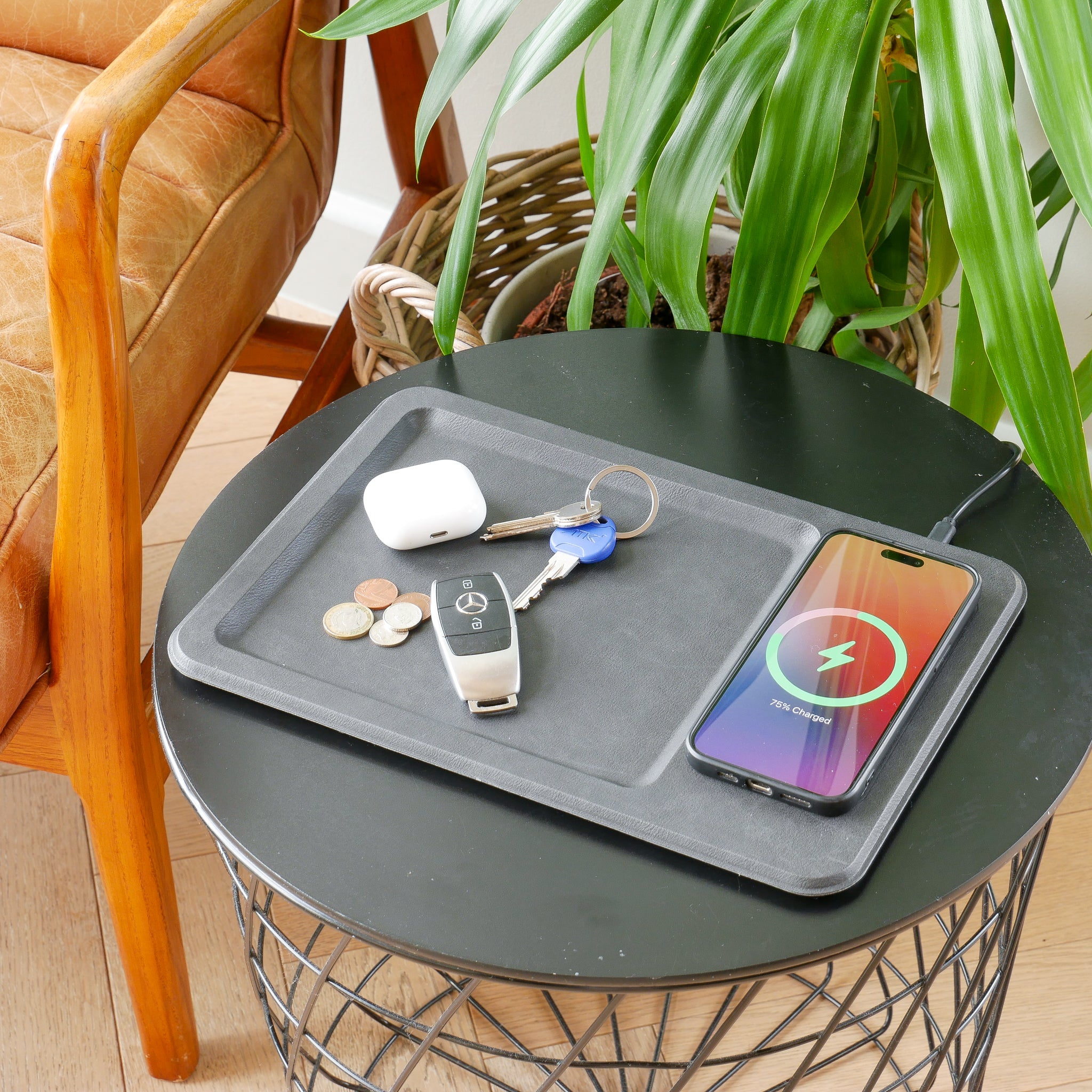 PU Leather Wireless Charging Vanity Tray Black