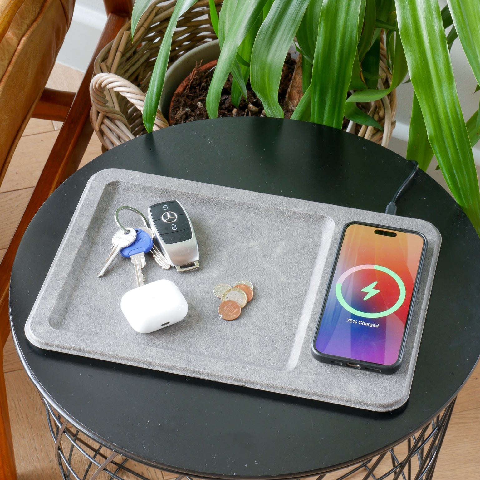 PU Leather Wireless Charging Vanity Tray Grey