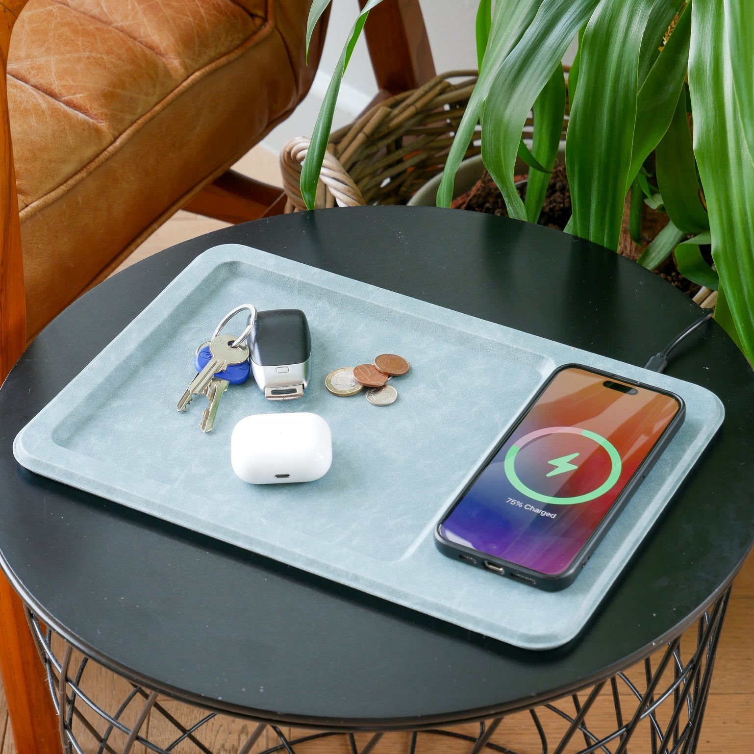 PU Leather Wireless Charging Vanity Tray Blue