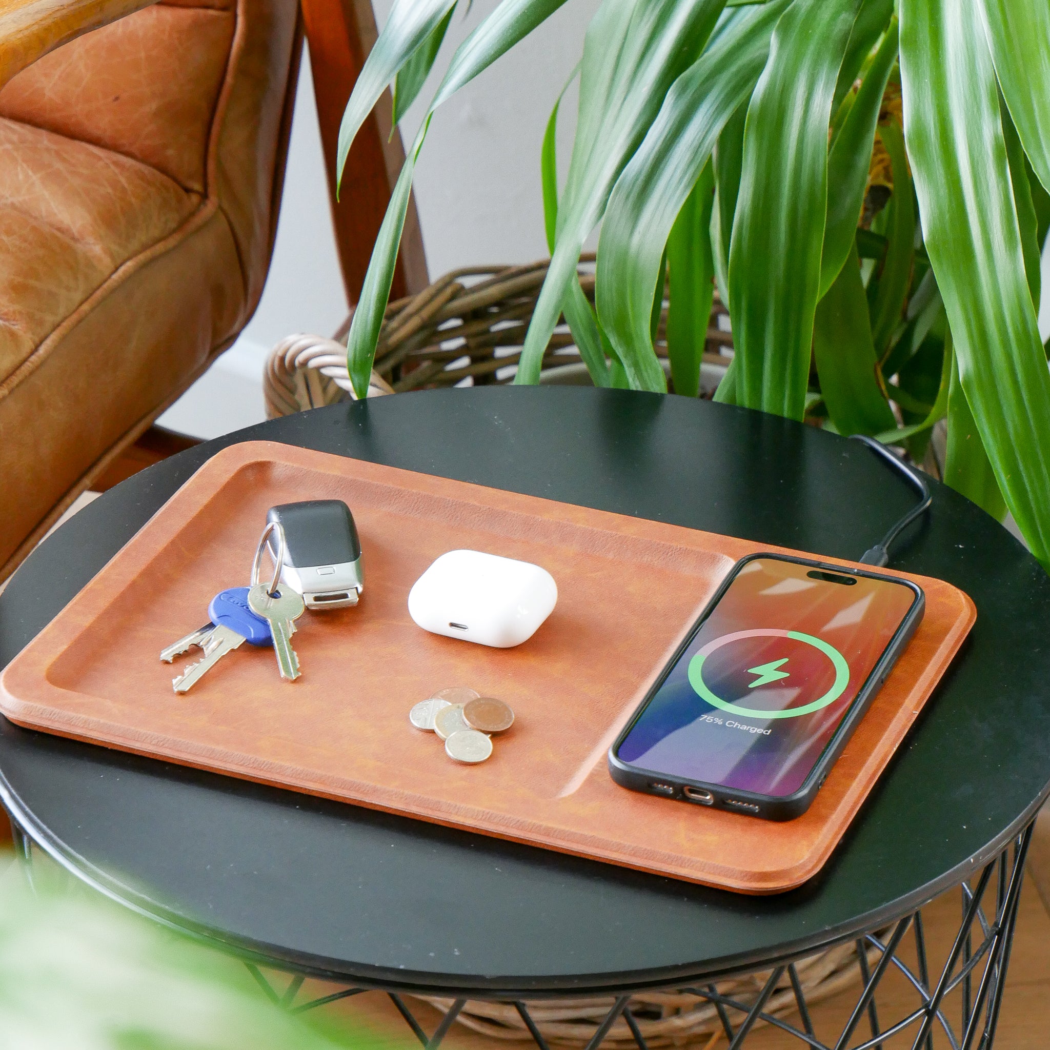 PU Leather Wireless Charging Vanity Tray Brown