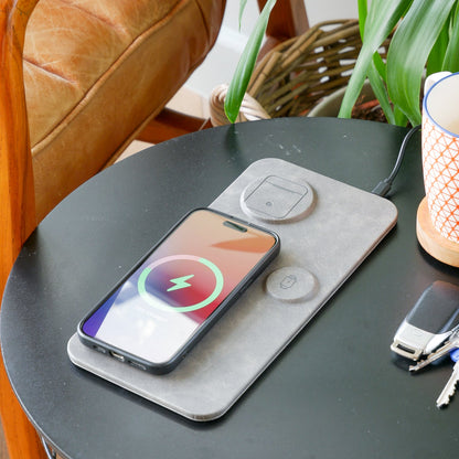 3 in 1 Wireless Charging Pad PU Leather Grey