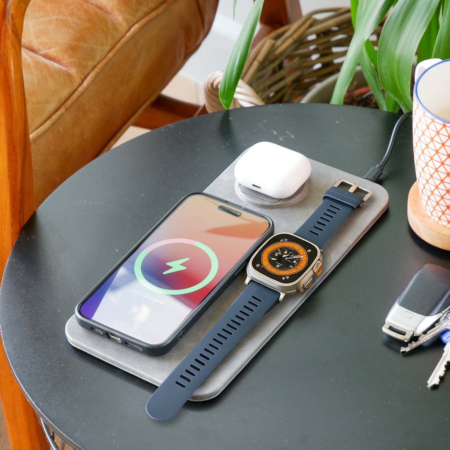 3 in 1 Wireless Charging Pad PU Leather Grey