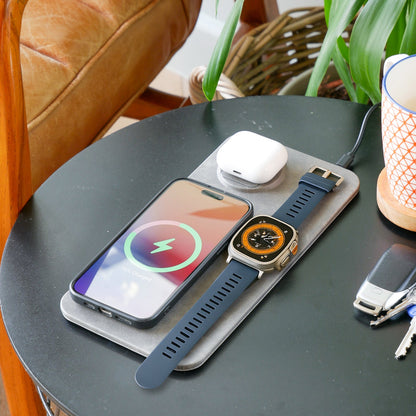 3 in 1 Wireless Charging Pad PU Leather Grey
