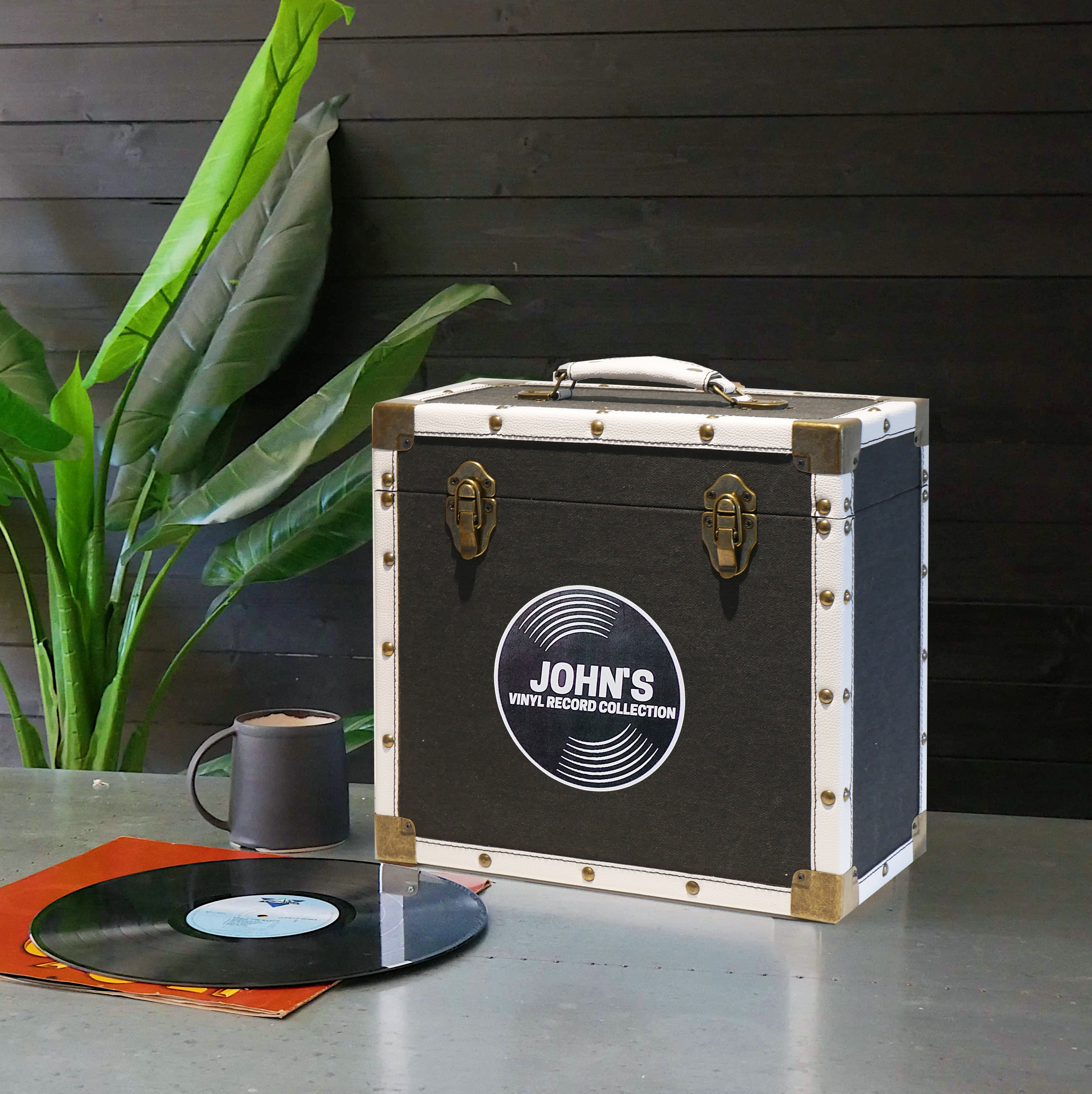 12 Inch Vinyl Record Storage Box Black Fabric & White Faux Leather Trim