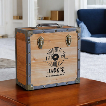 12 Inch Vinyl Record Storage Box Dark Wood  & Brown Faux Leather Trim