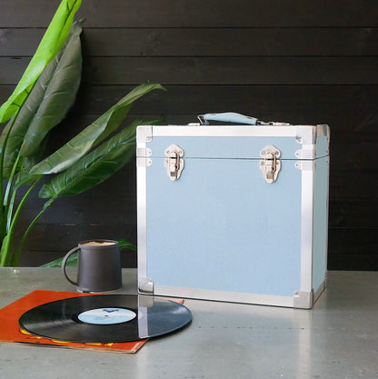 12 Inch Vinyl Record Storage Box Light Blue & Metal Trim