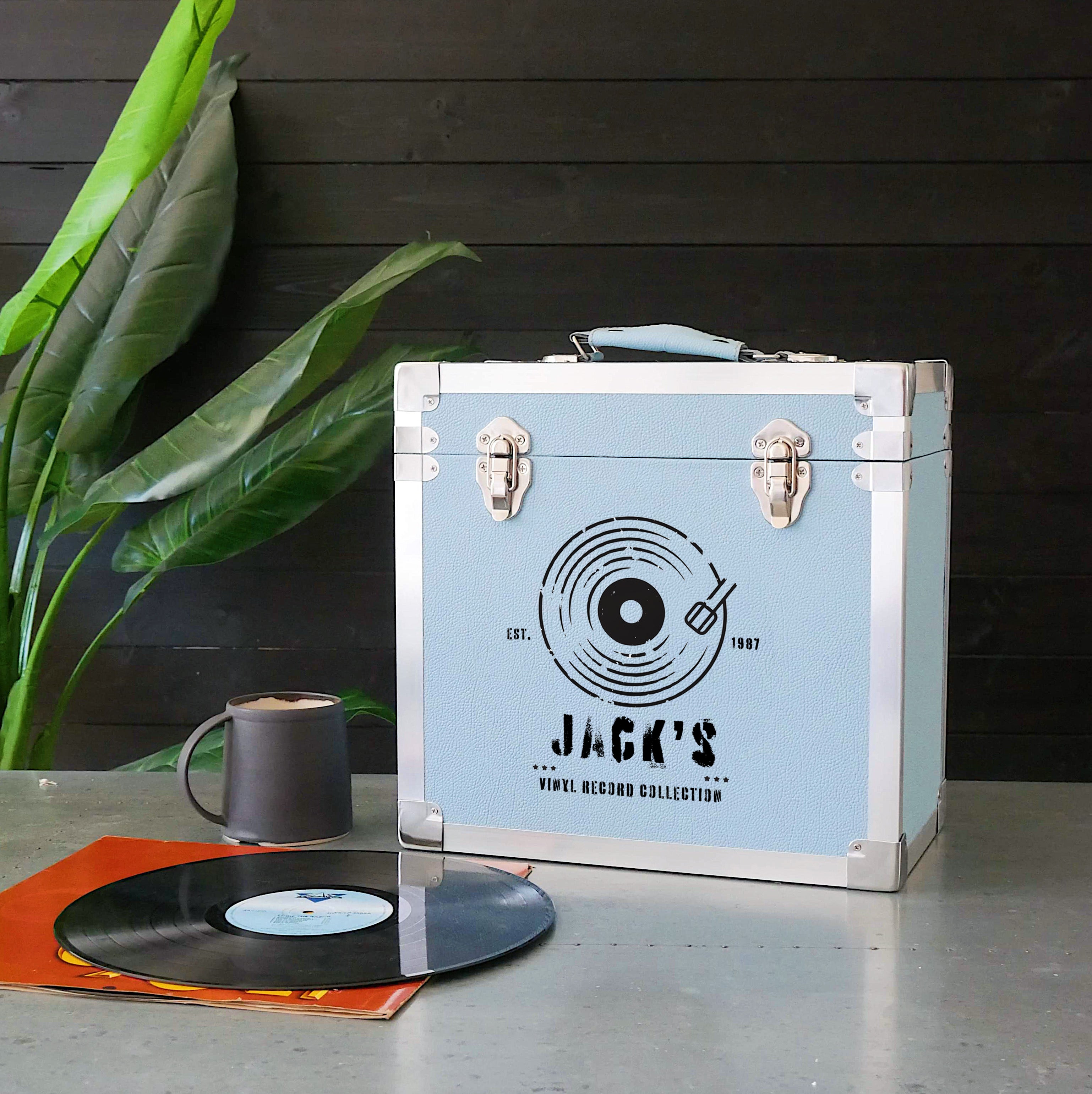 12 Inch Vinyl Record Storage Box Light Blue & Metal Trim