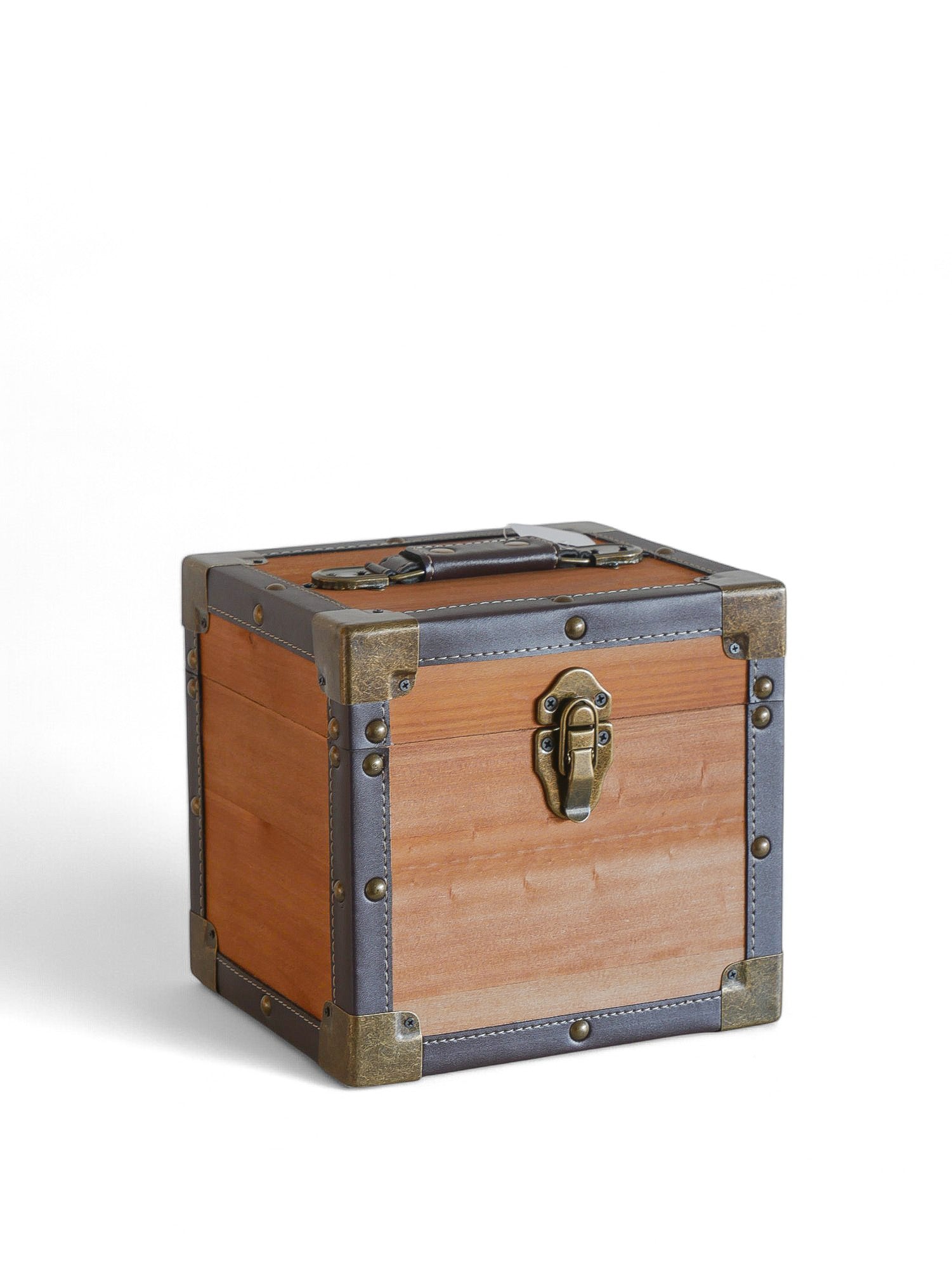 12 Inch Vinyl Record Storage Box Dark Wood  & Brown Faux Leather Trim