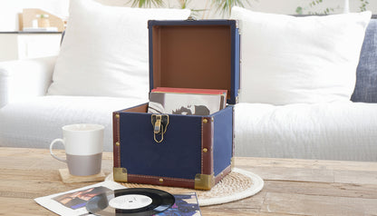 12 Inch Vinyl Record Storage Box Navy Fabric & Brown Faux Leather Trim