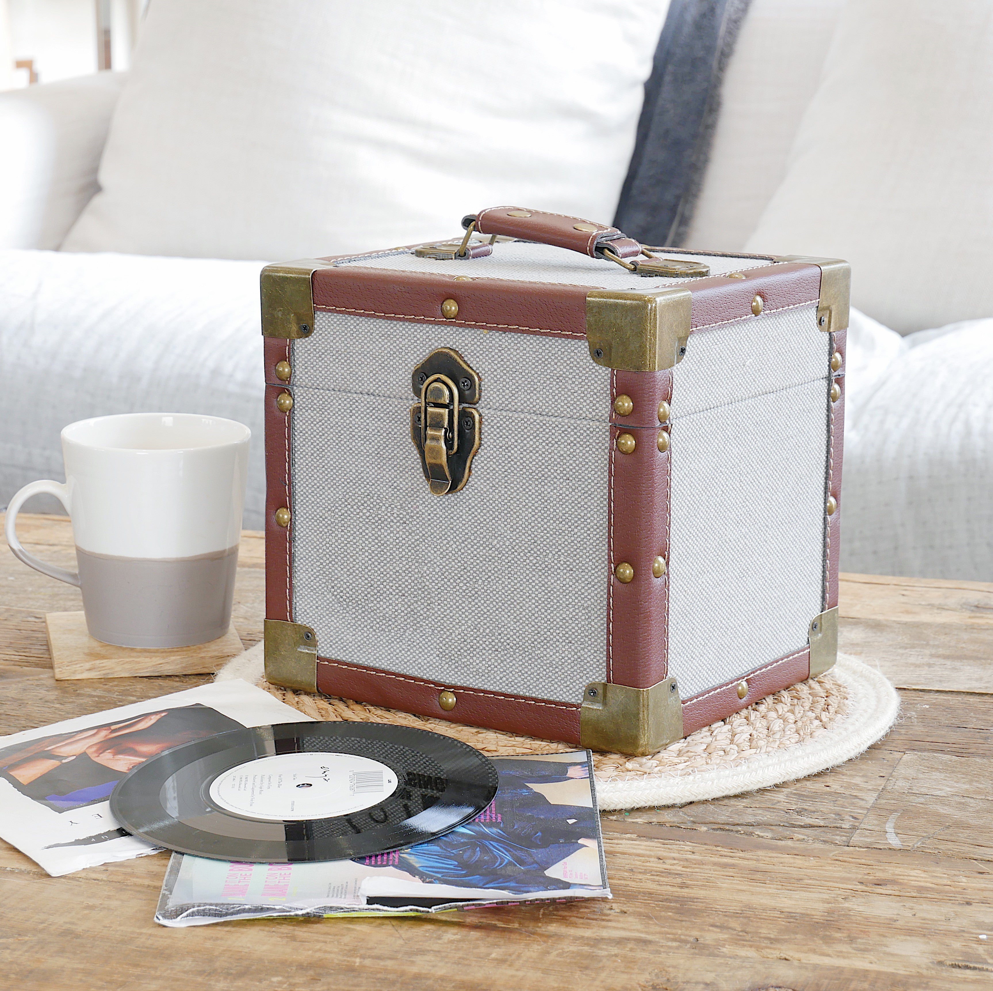 12 Inch Vinyl Record Storage Box Grey Fabric & Faux Leather Trim