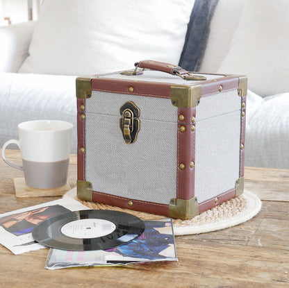 12 Inch Vinyl Record Storage Box Grey Fabric & Faux Leather Trim