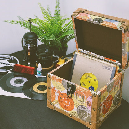 12 Inch Vinyl Record Storage Box Retro Print & Faux Leather Trim