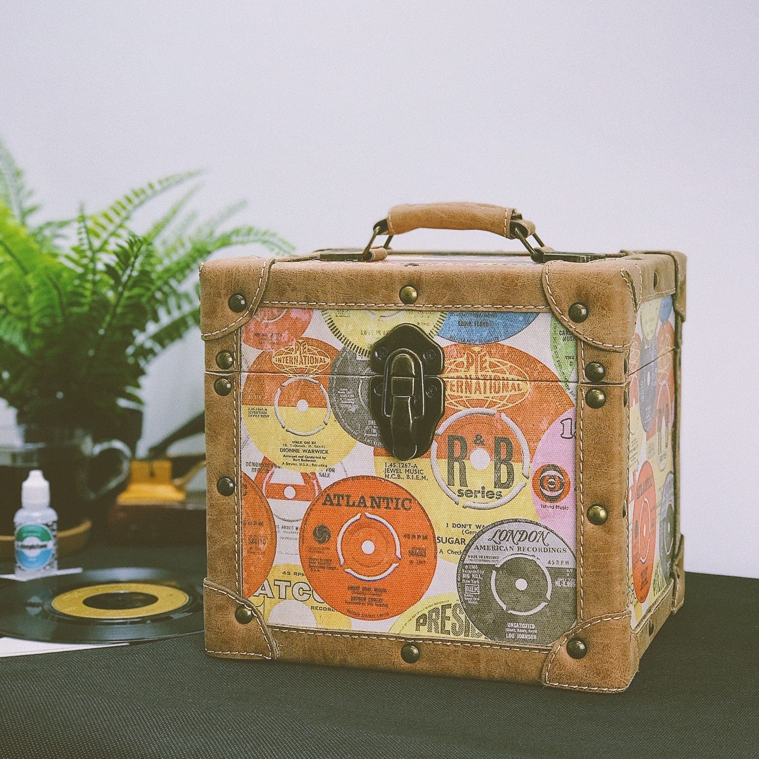 12 Inch Vinyl Record Storage Box Retro Print & Faux Leather Trim