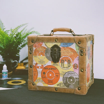 12 Inch Vinyl Record Storage Box Retro Print & Faux Leather Trim